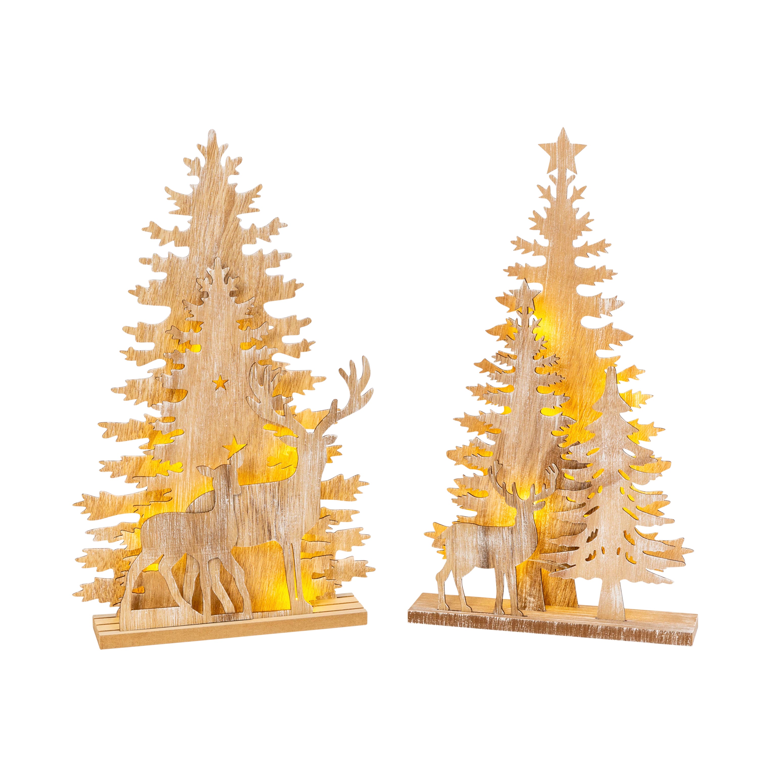 Set of 2 17.25-in Battery- Operated Lighted Laser Cut Trees and Reindeer Tabletop Decor